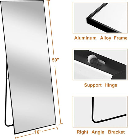 NeuType Full Length Mirror, 59"x16" Full Body Mirror with Stand Floor Mirror Full Length Standing Mirror Wall-Mounted Mirror Hanging or Leaning Against Wall Aluminum Alloy Thin Frame (Black)