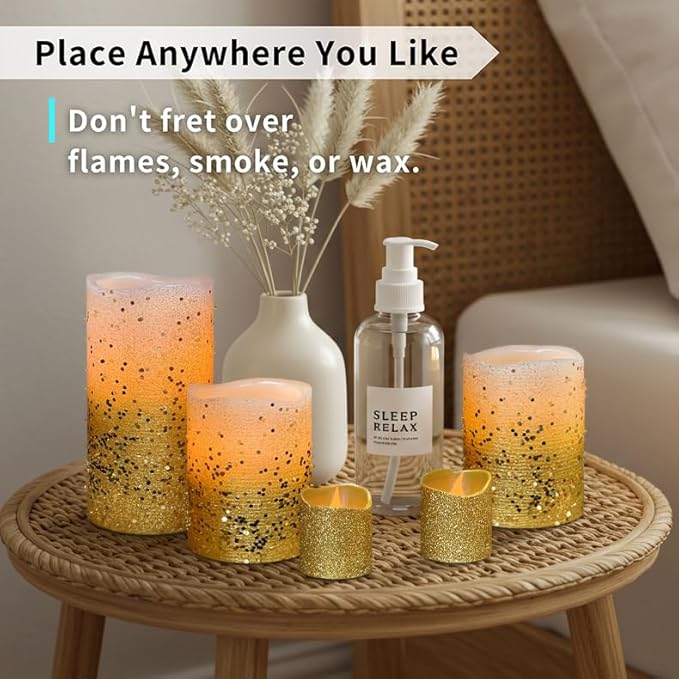 FURORA LIGHTING Gold Glitter Flameless Candles - Real Wax, Adjustable Brightness, Remote & Timer - 4 Pillars (3x4, 3x6) and 4 Votives, 8-Pack, Battery Operated