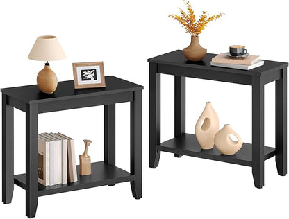 Hoctieon End Table with Double Storage Shelves, Sturdy Wooden Side Table for Living Room, Bedroom, Modern Nightstand Sofa Table for Small Spaces, Black, Set of 2