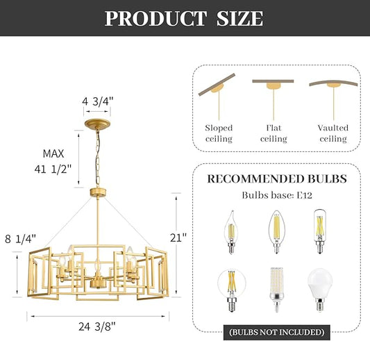 Gold Modern Industrial Geometric Chandelier: 5-Light Adjustable Farmhouse Dining Room light Fixture - Hanging Pendant Ceiling Chandelier Lighting over Table Kitchen Island for Living Bedroom Entryway