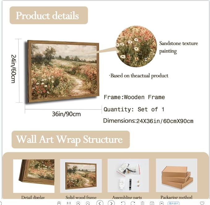 Vintage Floral Wall Art Nature Country Wildflower Wall Decor Painting Modern Botanical Flower Farmhouse Landscape Artwork 3D Textured Sandstone for Living Room Bedroom 24x36 inch Wood Framed