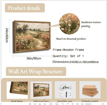 Vintage Floral Wall Art Nature Country Wildflower Wall Decor Painting Modern Botanical Flower Farmhouse Landscape Artwork 3D Textured Sandstone for Living Room Bedroom 24x36 inch Wood Framed