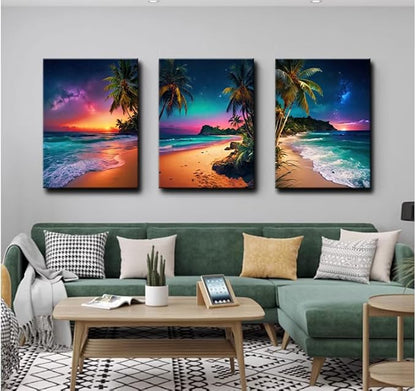 weiyiart 3-Piece Tropical Beach Wall Art, Northern Lights Ocean Sunset Canvas Prints, Palm Tree Coastal Seascape Decor for Living Room Bedroom Bathroom Office, 12"x16" Set of 3