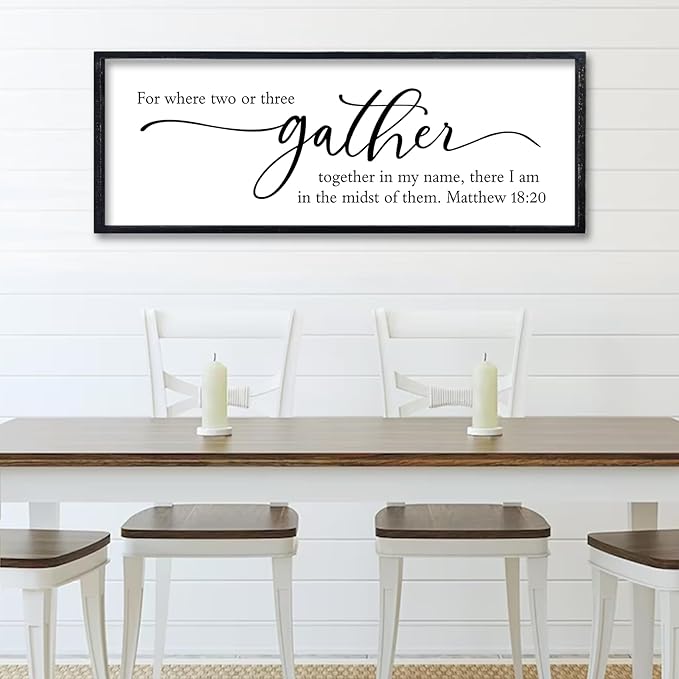 comurdyo Dining Room Wall Decor For Where Two Or Three Gather Sign 32X12 Inch Bible Verse Prayer Matthew 18:20 for Large Modern Farmhouse Simple kitchen Wooden Framed Plaque Hanging Art (Black)