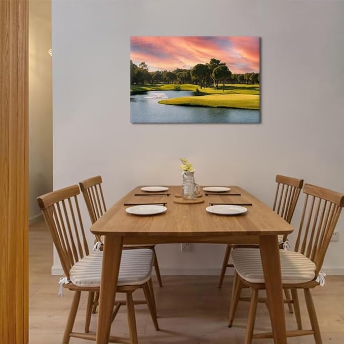 Sunset Golf Course Wall Art for Living Room Bedroom Bathroom Home Decorations Golf Course Picture Poster Print on Canvas Modern Artwork Framed Ready to Hang(18''H x 24''W)