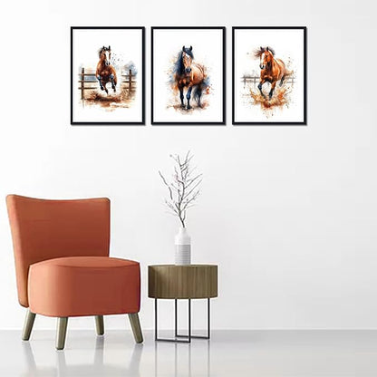 3 Plane Farmhouse Horse Framed Canvas Wall Art Running Horses Decor for Country House Apartment Living Room Watercolor Vintage Animal Portrait Print Artwork Wall Decor Easy to Hand 12x16inchx3pcs
