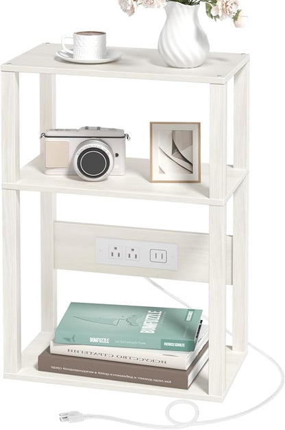 YUFAM 3-Tier Small Narrow Wood Side Table with Charging Station, Skinny Nightstand for Small Space, Slim Bedside Table with Storage for Couch, Thin End Table with USB Ports and Outlets, Grey White