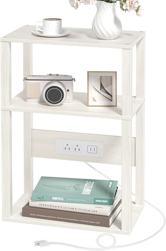 YUFAM 3-Tier Small Narrow Wood Side Table with Charging Station, Skinny Nightstand for Small Space, Slim Bedside Table with Storage for Couch, Thin End Table with USB Ports and Outlets, Grey White