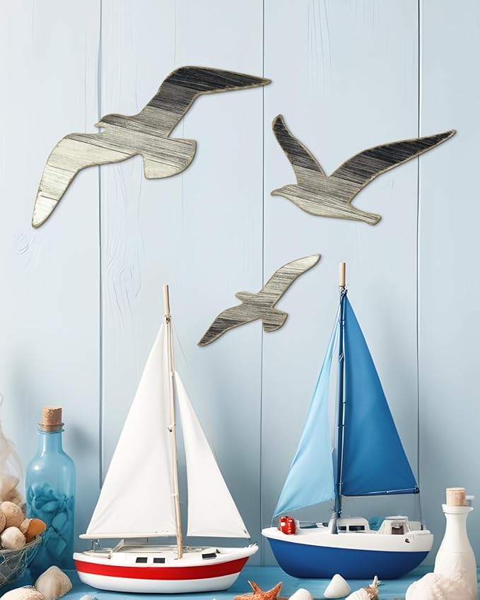 Putuo Decor 3pcs Wood Seagull Wall Decor Beach House Decor Coastal Ocean Themed Theme Wall Art Adhesive Seagull Wall Sculpture Sea Birds Lake House Ocean Vintage Ornaments For Home Bathroom