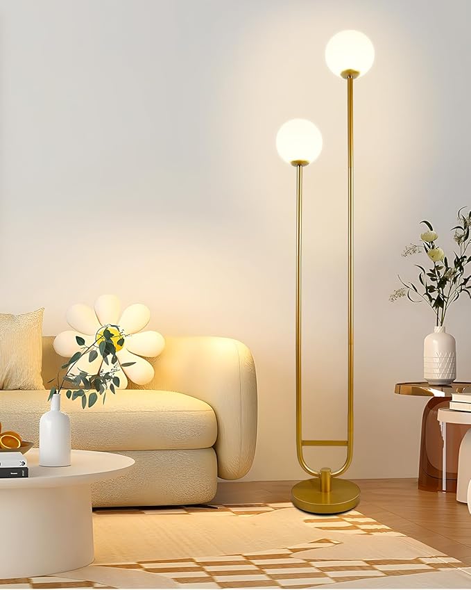 63IN Dimmable Floor Lamp with Shelf, Unique Globe Gold Tall Standing Lamps with 2 Bulbs, 3000K Warmwhite Mid Century Modern Floor Lamp with 5Lbs Heavy Base for Living Room/Bedroom