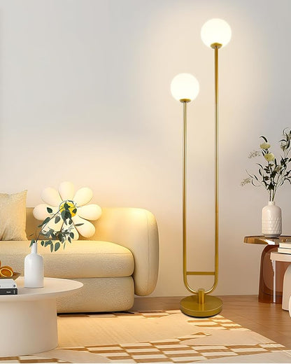 63IN Dimmable Floor Lamp with Shelf, Unique Globe Gold Tall Standing Lamps with 2 Bulbs, 3000K Warmwhite Mid Century Modern Floor Lamp with 5Lbs Heavy Base for Living Room/Bedroom