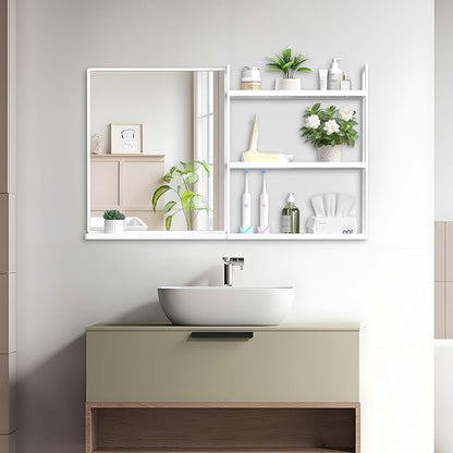 White Metal Framed Bathroom Mirror with Shelf, 40" X 24.4" Rectangular Wall Mounted Bathroom Vanity Mirror, Modern Bathroom Mirror with Storage for Over Sink, Entryway