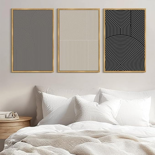 Drsoum Minimalist Abstract Wall Art Framed Modern Boho Neutral Line Wall Decor Mid Century Geometric Artwork Bedroom Living Room 24x36in Natural Framed