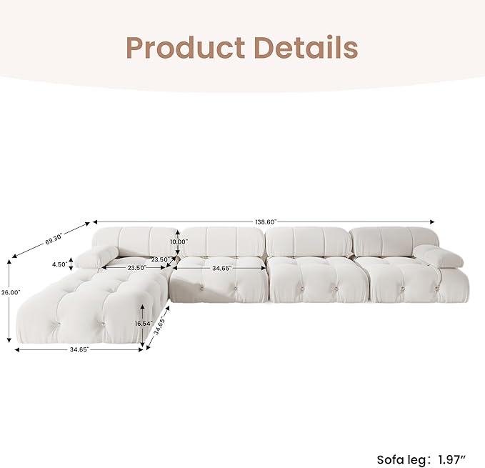 138'' Modular Sectional Couch, L-Shaped Velvet Sofa with Reversible Chaise Ottoman, Minimalist Bubble Couch, Modern Cloud Sectional Couches for Living Room, Apartment (4 Seats, 1 Ottoman, Beige)