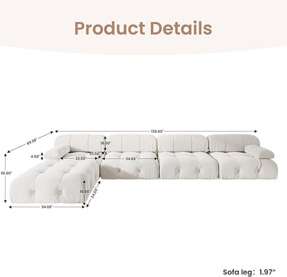 138'' Modular Sectional Couch, L-Shaped Velvet Sofa with Reversible Chaise Ottoman, Minimalist Bubble Couch, Modern Cloud Sectional Couches for Living Room, Apartment (4 Seats, 1 Ottoman, Beige)