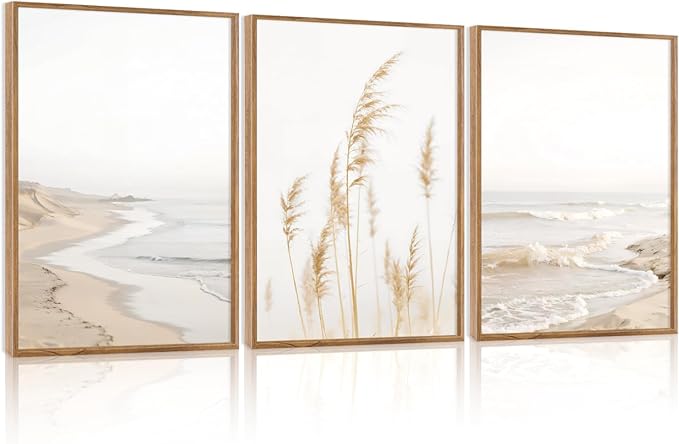 HPNIUB Modern Beach Waves Framed Wall Art Set,Seaside Reed Pathway Wall Decor,Minimalist Neutral Coastal Landscape Printing,Boho Seascape Nature Artwork for Living Room, Bedroom,Bathroom-24''x36''x3
