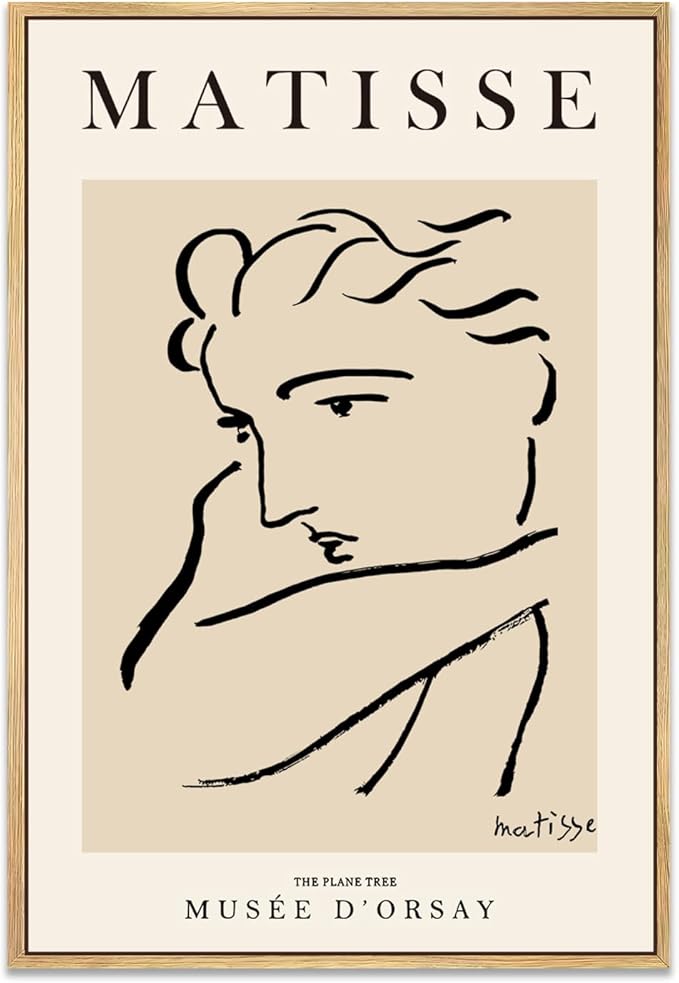 Zzuyi Henri Matisse Framed Wall Art,Black Beige Women Face Line Art,Boho Abstract Art Wall Decor,Matisse Posters for Aesthetic Room Decor-16''x24'' Natural Framed
