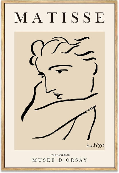 Zzuyi Henri Matisse Framed Wall Art,Black Beige Women Face Line Art,Boho Abstract Art Wall Decor,Matisse Posters for Aesthetic Room Decor-16''x24'' Natural Framed