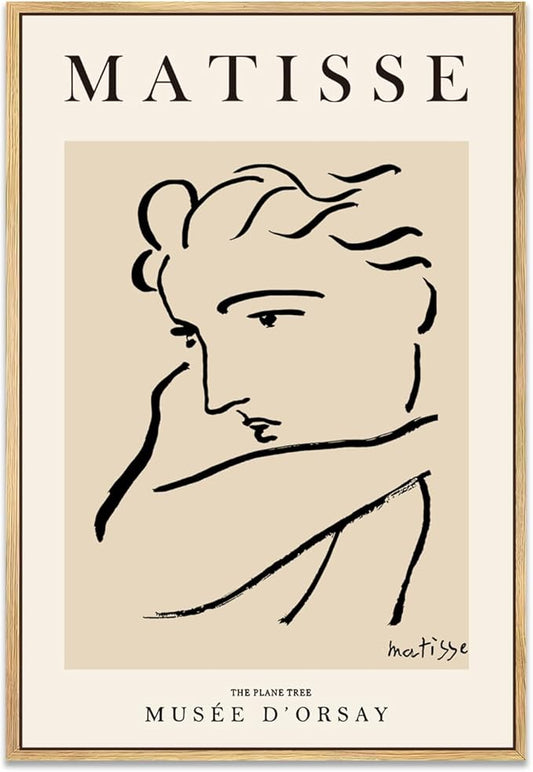 Zzuyi Henri Matisse Framed Wall Art,Black Beige Women Face Line Art,Boho Abstract Art Wall Decor,Matisse Posters for Aesthetic Room Decor-12''x16'' Natural Framed
