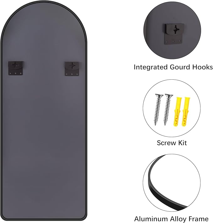 FORBATH Large Arched Wall Mirror 60x24 Inch, Black Arch Full Length Mirror with Aluminum Frame for Bedroom, Fireplace,Entryway,Living Room,Home Decor,Hanging or Leaning Against Wall