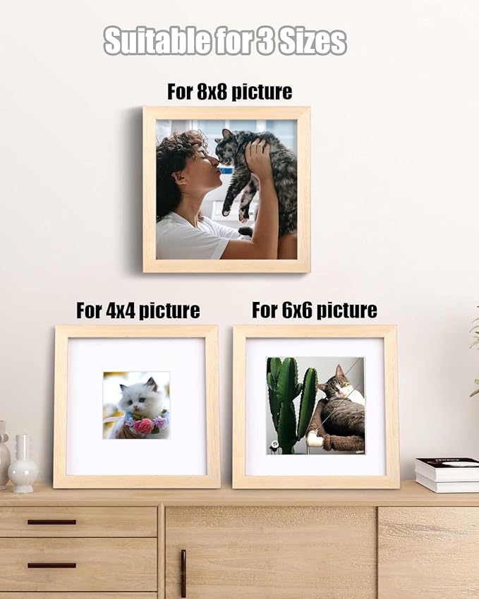 Egofine 8x8 Picture Frames Made of Solid Wood with Plexiglass, Display Pictures 4x4/6x6 with Mat or 8x8 Without Mat Set of 4 for Tabletop and Wall Mounting, Oak Wood