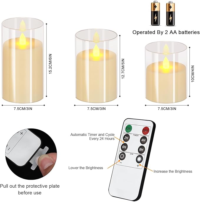 wemarry Flameless Candles 4" 5" 6" Acrylic Glass Pillars 3" Diameter Battery Operated Flickering Candles Include 8-Key Remote with Timer Function 400+ Hours (Pure White, Warm Light 12 Pack)