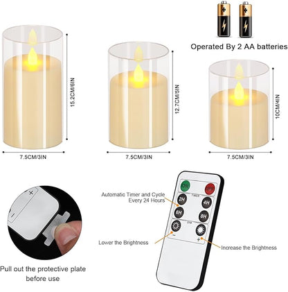 wemarry Flameless Candles 4" 5" 6" Acrylic Glass Pillars 3" Diameter Battery Operated Flickering Candles Include 8-Key Remote with Timer Function 400+ Hours (Pure White, Warm Light 12 Pack)