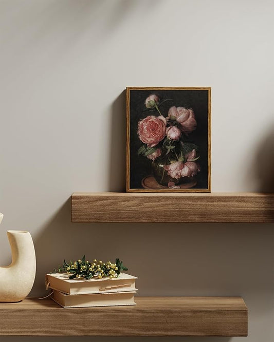 InSimSea Framed Canvas Prints Art Vintage Decor, Flower Pictures Decor Aesthetic, Small Desk Shelf Decorations, Rose Floral Paintings For Bedroom Bedroom Office, 8"x10"