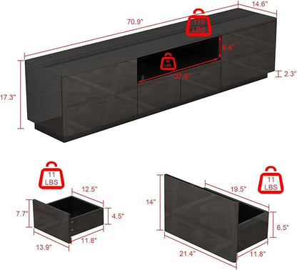 70” LED TV Stand, High Gloss TV Stand with Lights, Modern Glossy Media Console with 4 Drawers & Shelf, Entertainment Center for Living Room Black, 14.5”D x 70.8”W x 17.3”H