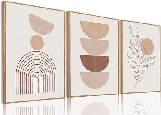 Bwodke Framed Boho Canvas Wall Art Mid Century Modern Prints Set of 3 Neutral Geometric Line Leaf Paintings Decor Minimalist Abstract Pictures Bedroom Living Room Bathroom