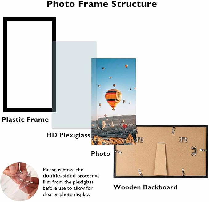JCJMY 4x9 Black Picture Frame Set of 6, Horizontal and Vertical Formats for Wall Hanging, 4 x 9 Wall Gallery Poster Photo Frames with Shatter Resistant Plexiglass, 6 Pack, Black