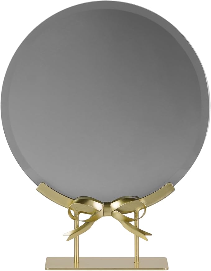 Golden Round Makeup Mirror with Bow Stand - Detachable Base French-Inspired Elegant Tabletop Luxury Vanity Mirror for Living Room, Bedroom, 10.04 x 12.6 Inches