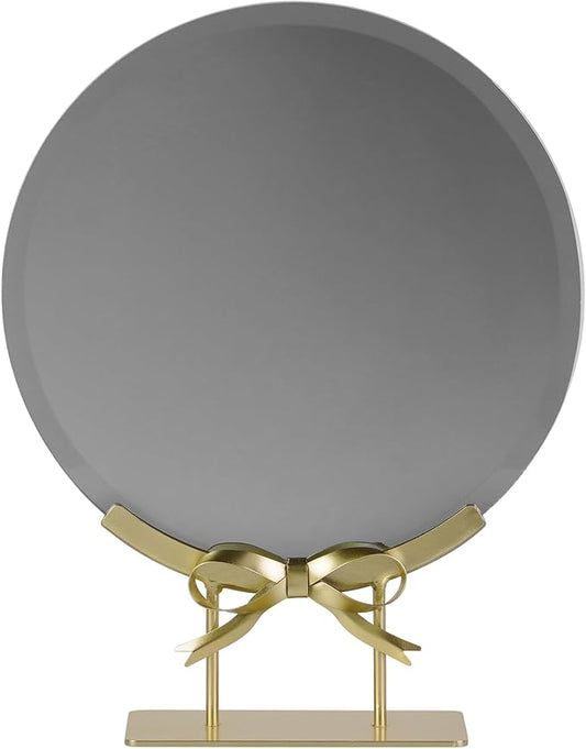 Golden Round Makeup Mirror with Bow Stand - Detachable Base French-Inspired Elegant Tabletop Luxury Vanity Mirror for Living Room, Bedroom, 10.04 x 12.6 Inches