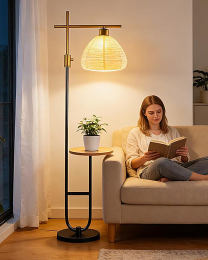 Lightdot 66IN Gold&Black Dimmable Floor Lamps with Storage Table, Modern Standing Tall Lamp with Milky White Globe Lampshade, Cross-Shaped Lamp Head and U-Pole Base Style for Living Room/Bedroom