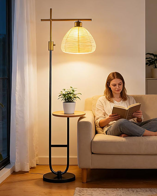 Lightdot 66IN Gold&Black Dimmable Floor Lamps with Storage Table, Modern Standing Tall Lamp with Milky White Globe Lampshade, Cross-Shaped Lamp Head and U-Pole Base Style for Living Room/Bedroom