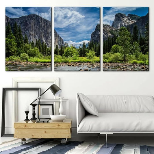 Pacimo 3 Pieces Green Wall Art Painting Yosemite National Park Clear Water Lake Mountain Trees Rocks Pictures Prints On Canvas Landscape Wall Decor for Home Modern Decoration Print - 20"x28"x3 Panel