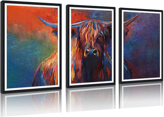 Abstract Highland Cow Framed Canvas Wall Art Colorful Cow Portrait Picture Wall Decor for Farmhouse Animals Print Artwork for Country House Office Nursery Decoration Easy to Hand 16x24inchx3pcs