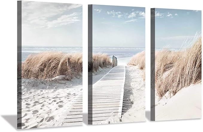 Hardy Gallery Beach Path Picture Coastal Artwork: Seaside Boardwalk Painting Art Print on Canvas for Living Room (34'' x 20'' x 3 Panels)