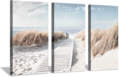 Hardy Gallery Beach Path Picture Coastal Artwork: Seaside Boardwalk Painting Art Print on Canvas for Living Room (34'' x 20'' x 3 Panels)