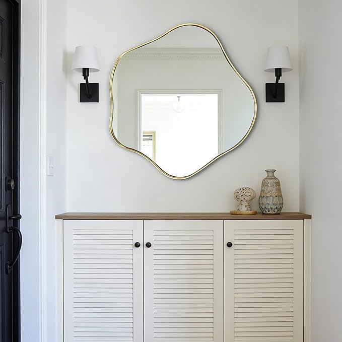 Asymmetrical Wall Mirror, 24" Irregular Shaped Mirror with Gold Frame, Wavy Round Mirrors Decorative, Modern Scalloped Mirrors for Living Room Bathroom Bedroom Hallway Entryway Fireplace