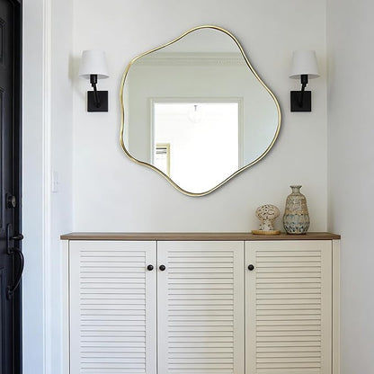 Asymmetrical Wall Mirror, 24" Irregular Shaped Mirror with Gold Frame, Wavy Round Mirrors Decorative, Modern Scalloped Mirrors for Living Room Bathroom Bedroom Hallway Entryway Fireplace