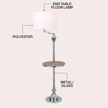 JONATHAN Y 60" Chrome Swing Arm Wood Integrated Side Tray Candlestick Tray Table Floor Lamp Traditional for Living Room Bedroom with White Linen Drum Shade LED Bulb Included JYL3055E