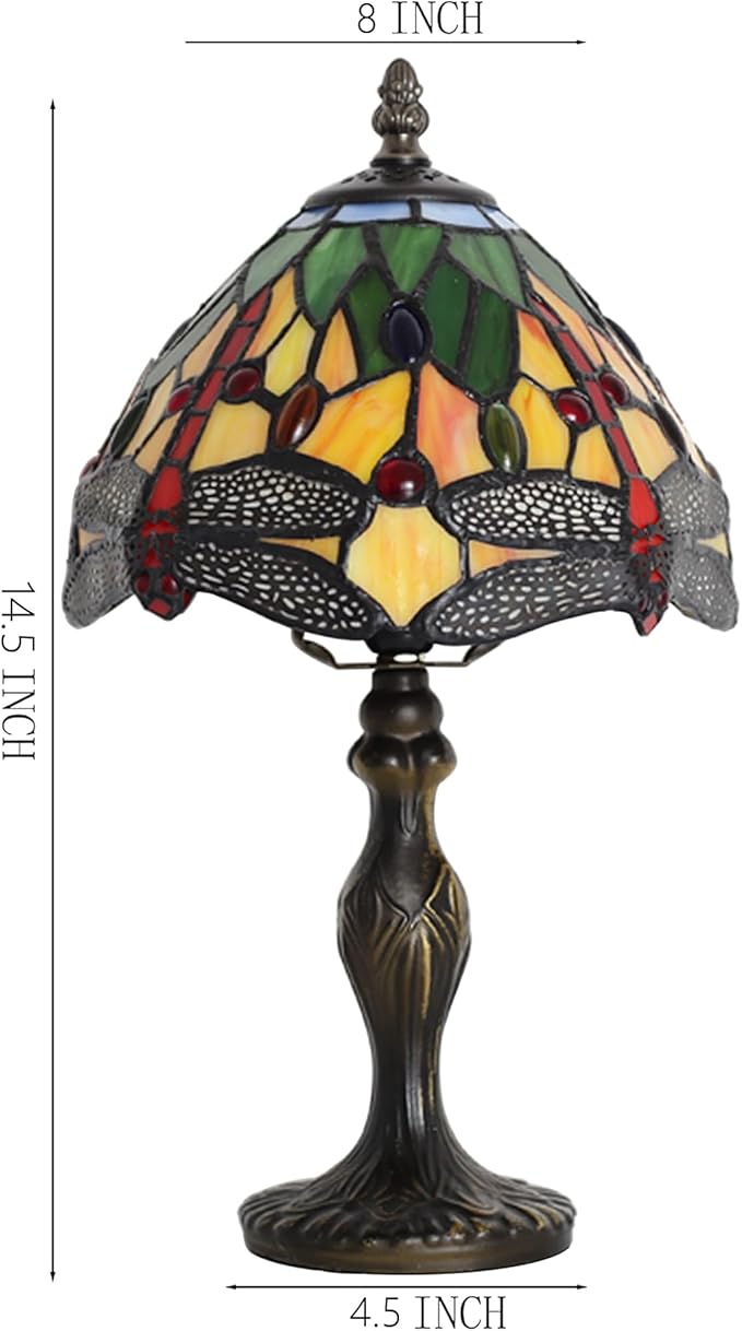 Tiffany Style Lamp Stained Glass Table Lamp 8 x 14.5 Mini Accent Light Yellow Dragonfly Design Small Decorative Bedside Reading Memory Lamp