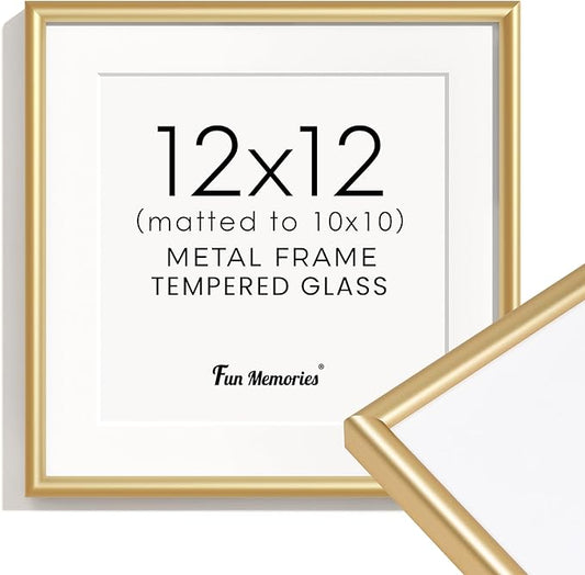 Fun Memories 12x12 Gold Picture Frame, Square 12 x 12 Photo Frame for Wall Gallery, Metal Picture Frame 12x12 with Real Glass, Matted to 10x10, Modern 12 x 12 Aluminum Frames for Home Decor