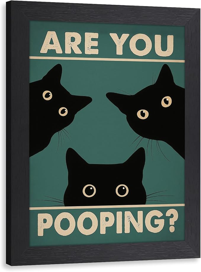 Cyebmo Funny Black Cat Bathroom Wall Art, Whimsical Toilet Humor Wall Decor, “Are You Pooping?” Cat Canvas Painting, Three Cats Poster Print for Restroom BathRoom Wood Framed Ready to Hang 8x10 Inch