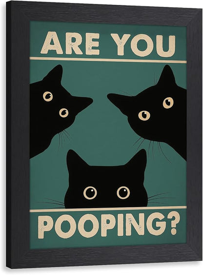 Cyebmo Funny Black Cat Bathroom Wall Art, Whimsical Toilet Humor Wall Decor, “Are You Pooping?” Cat Canvas Painting, Three Cats Poster Print for Restroom BathRoom Wood Framed Ready to Hang 8x10 Inch