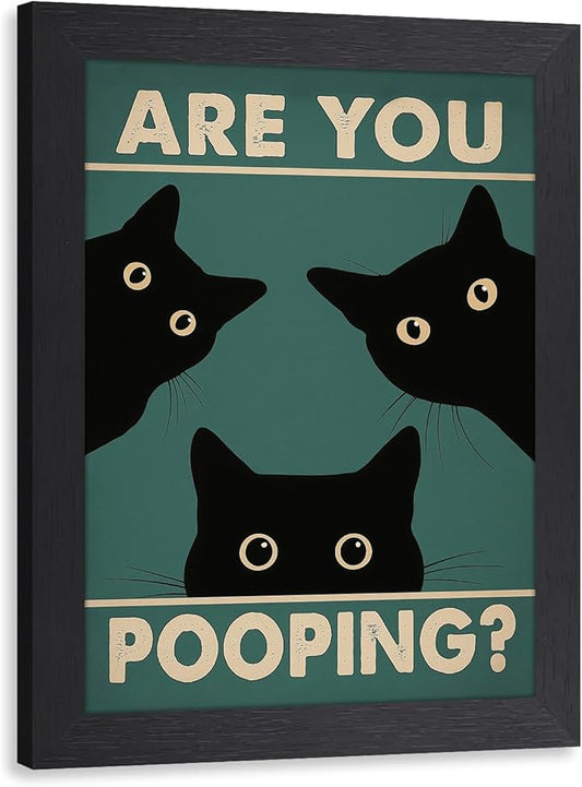 Cyebmo Funny Black Cat Bathroom Wall Art, Whimsical Toilet Humor Wall Decor, “Are You Pooping?” Cat Canvas Painting, Three Cats Poster Print for Restroom BathRoom Wood Framed Ready to Hang 8x10 Inch