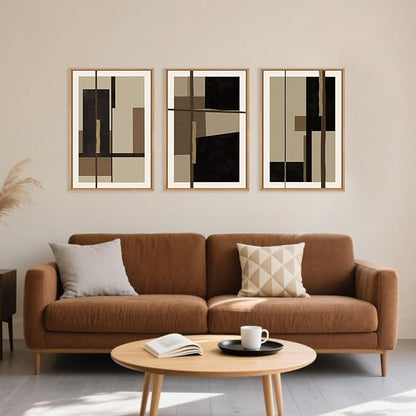 Abstract Shapes Framed Canvas Wall Art Set, Mid-Century Black Polygon Wall Decor, Black Brown Irregular Painting, Neutral Modern Art Print for Living Room, Dining Room, Office-16 x24 x3