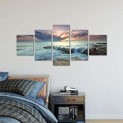 Romantic Beach Landscape Painting on Canvas 5 Piece Set Combination Posters and Prints Modern Pictures Wall Art for Living Room Home Decor Gallery-wrapped Framed (50''W x 24''H)