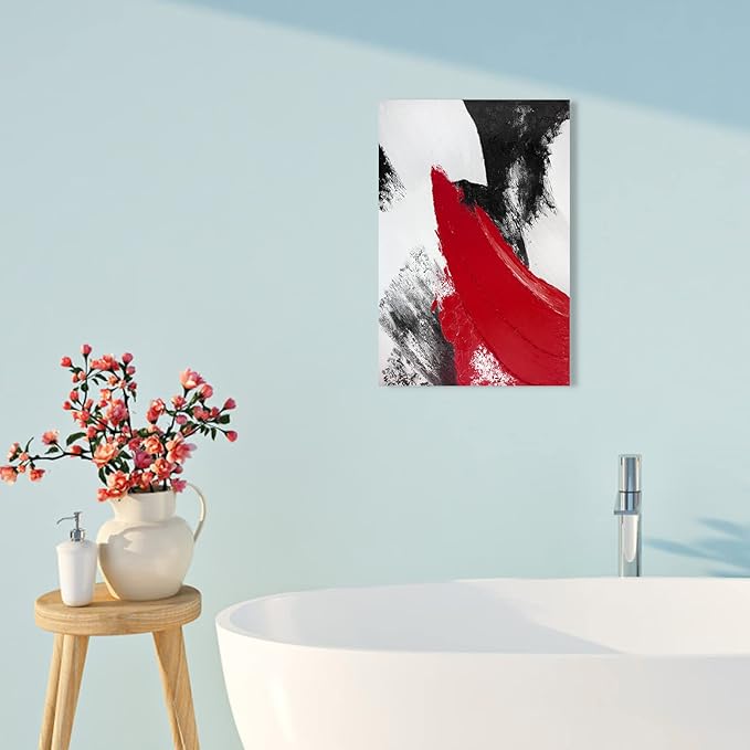 YPY Red Abstract Canvas Wall Art: Modern Minimalist Black and White Picture Painting Print Poster for Living Room Bedroom Bathroom Office Home Wall Decor 11.81" x 17.32"
